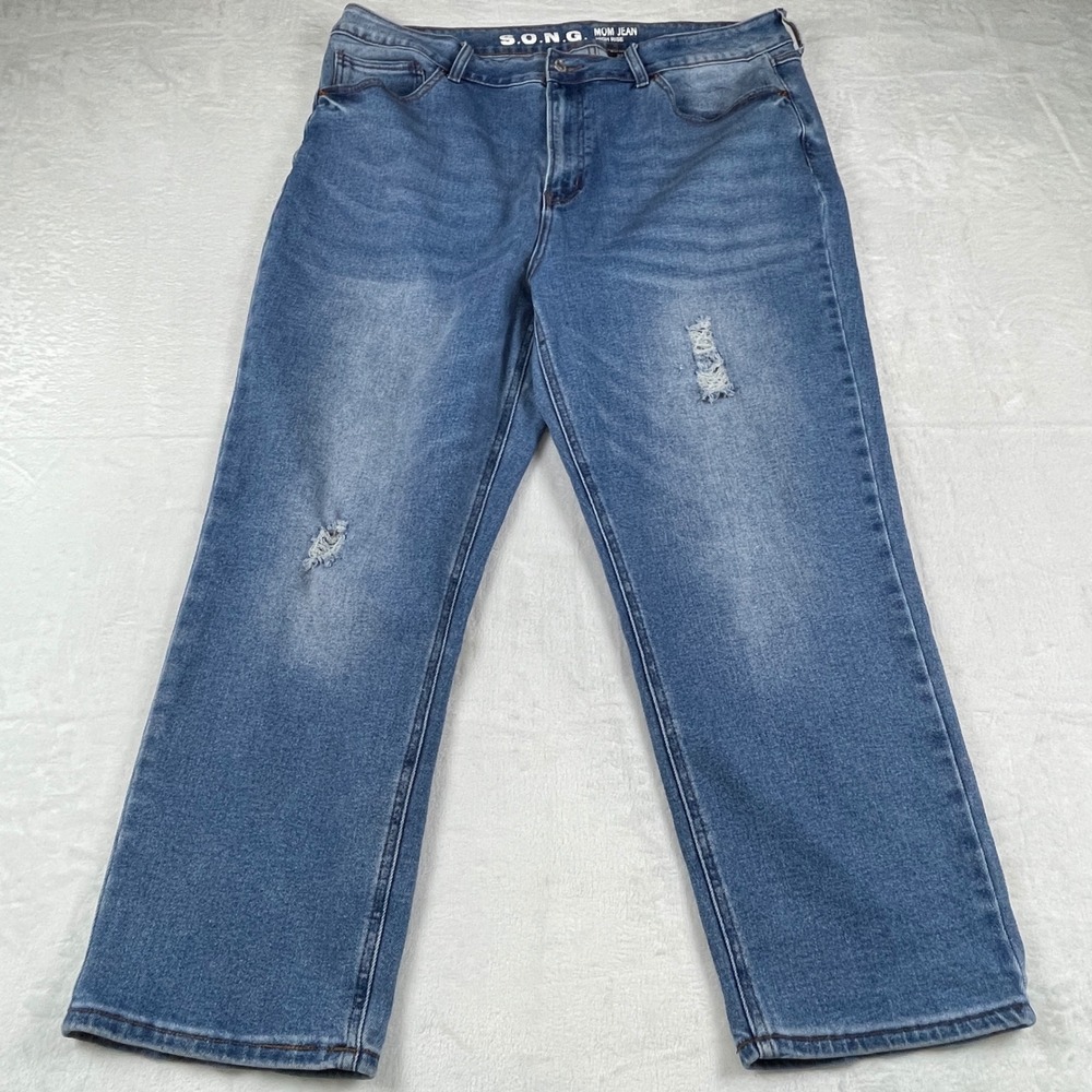 S.O.N.G. Mom Jean High Rise Distressed Medium Wash Denim Jeans Womens Size 22